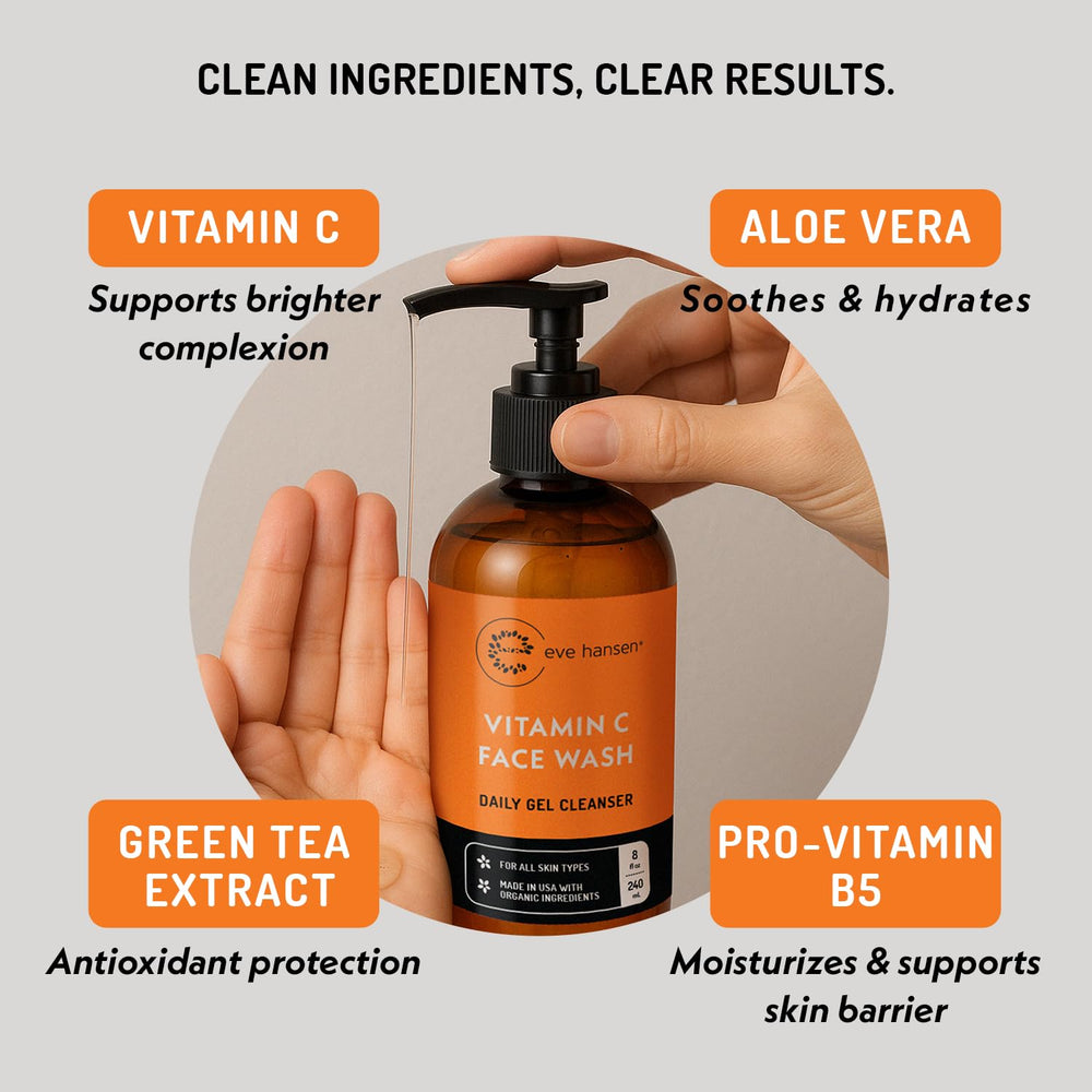 Eve Hansen Vitamin C Cleanser applied to skin during routine suggests clean pores and even tone