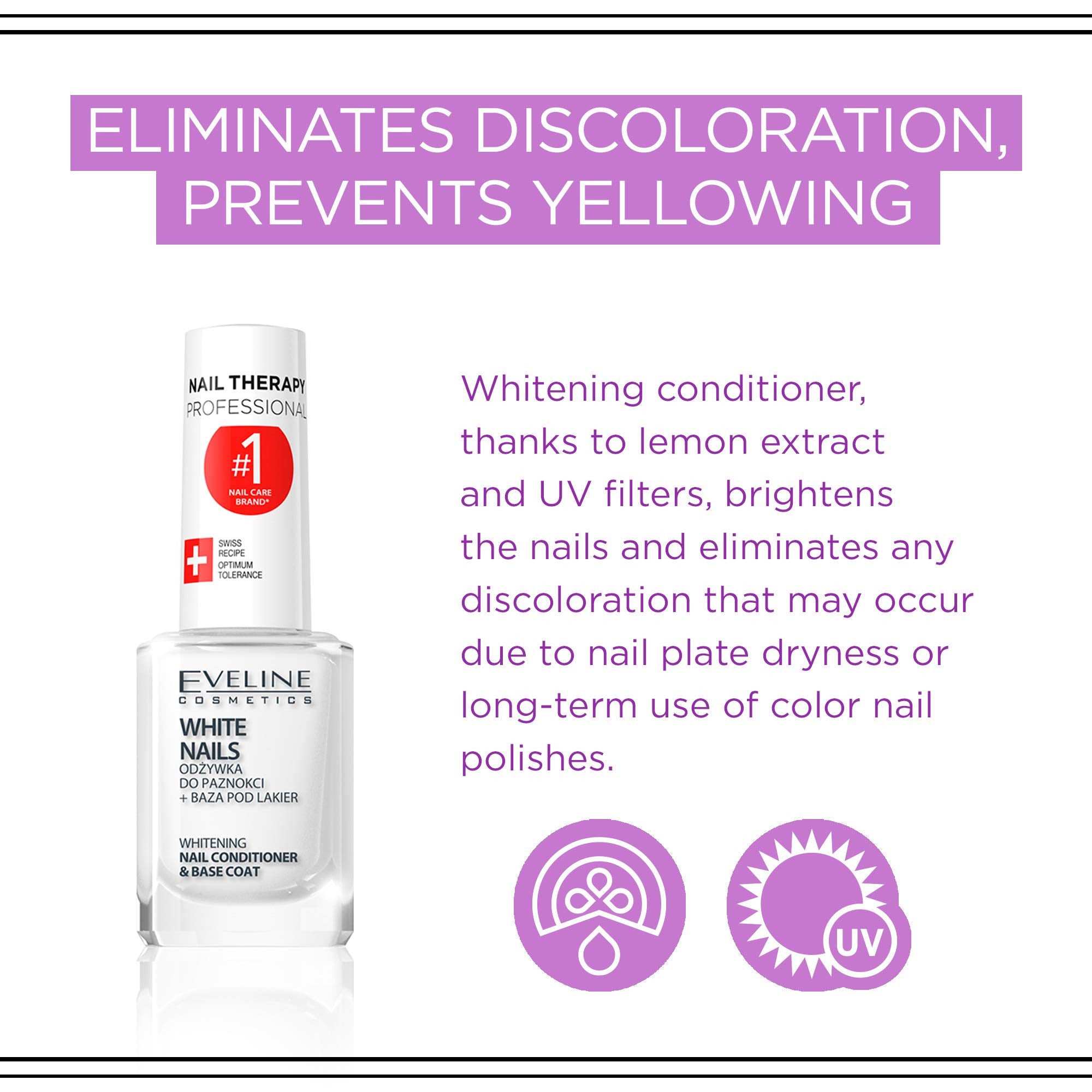 Eveline Cosmetics 3in1 Nail Whitener base coat close-up protecting nails during color wear