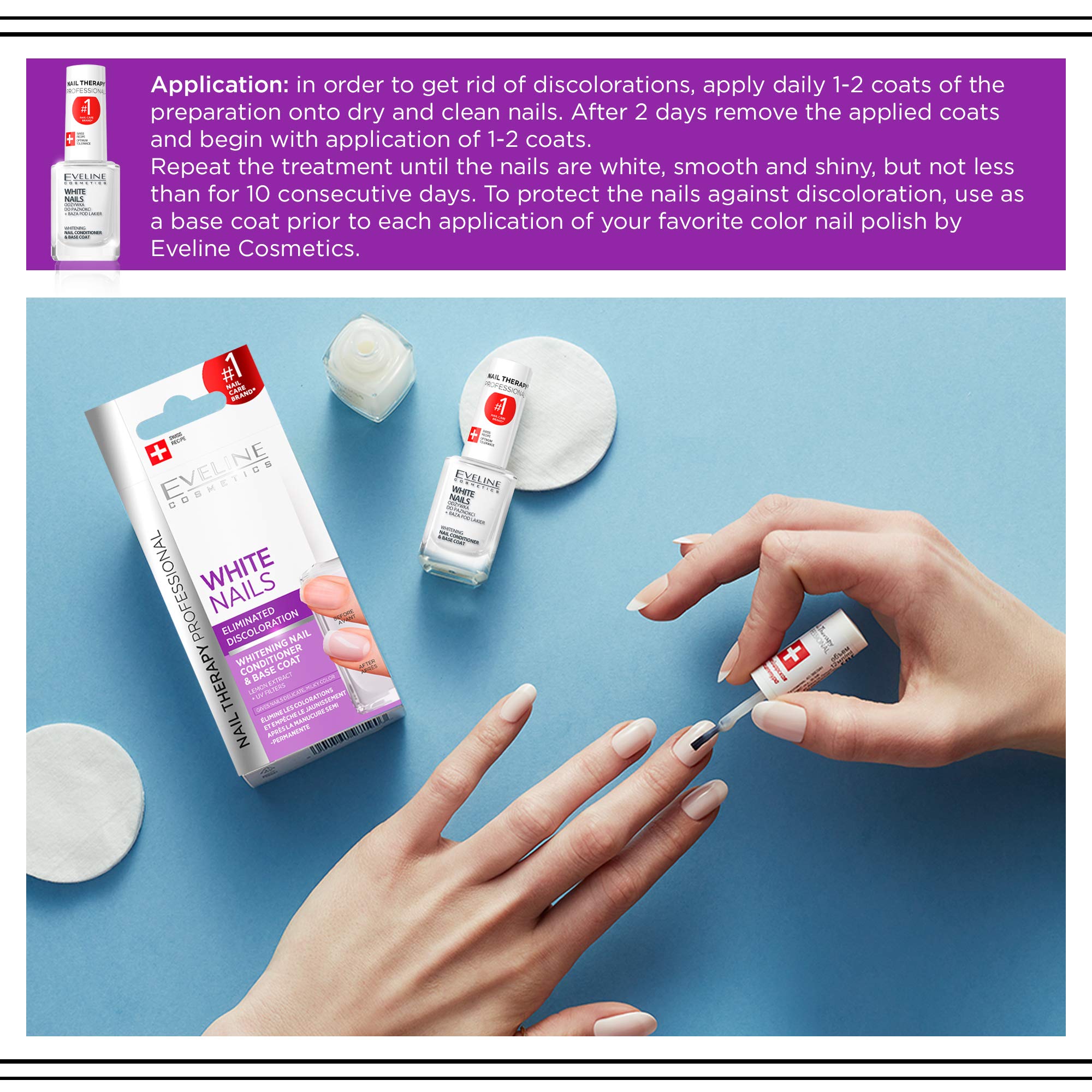 Eveline Cosmetics 3in1 Nail Whitener packaging box highlights ingredients and usage