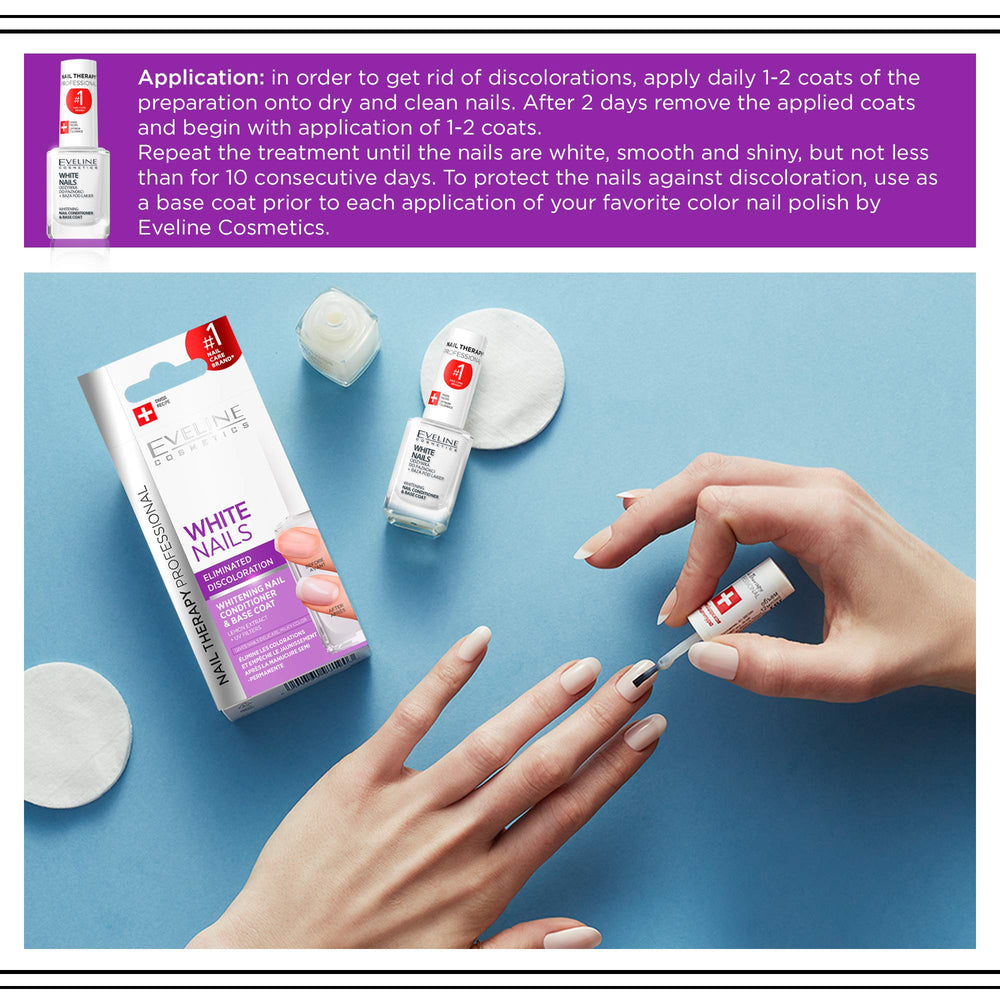 Eveline Cosmetics 3in1 Nail Whitener packaging box highlights ingredients and usage