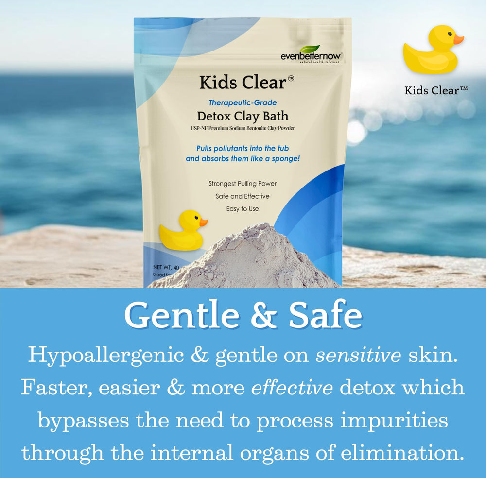 Evenbetternow Kids Clear Detox Clay Bath in tub with child enjoying a gentle soak for mild cleansing.
