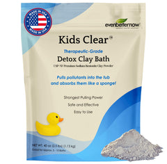 Evenbetternow Kids Clear Detox Clay Bath packaging highlights a pure bentonite clay for gentle cleansing.