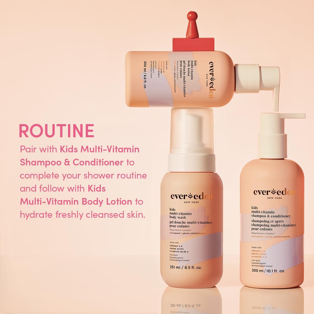 Evereden Lotion bottle back highlights non-toxic, hypoallergenic formula for kids.