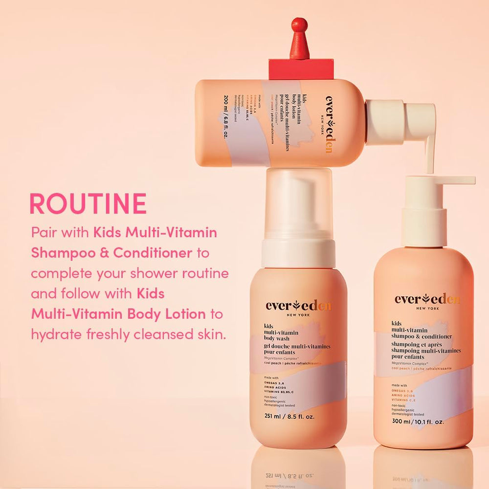 Evereden Lotion bottle back highlights non-toxic, hypoallergenic formula for kids.