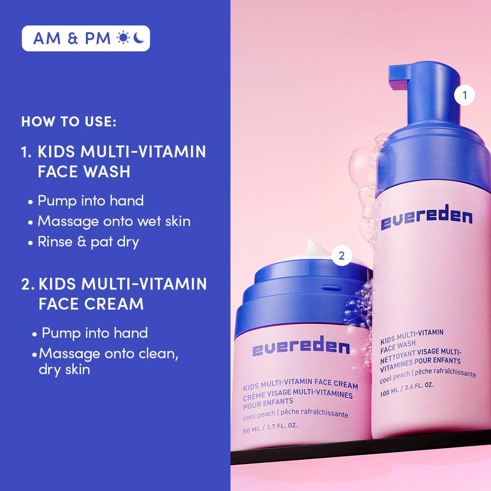 Evereden cool-peach packaging closeup highlights premium, clean skincare for kids.