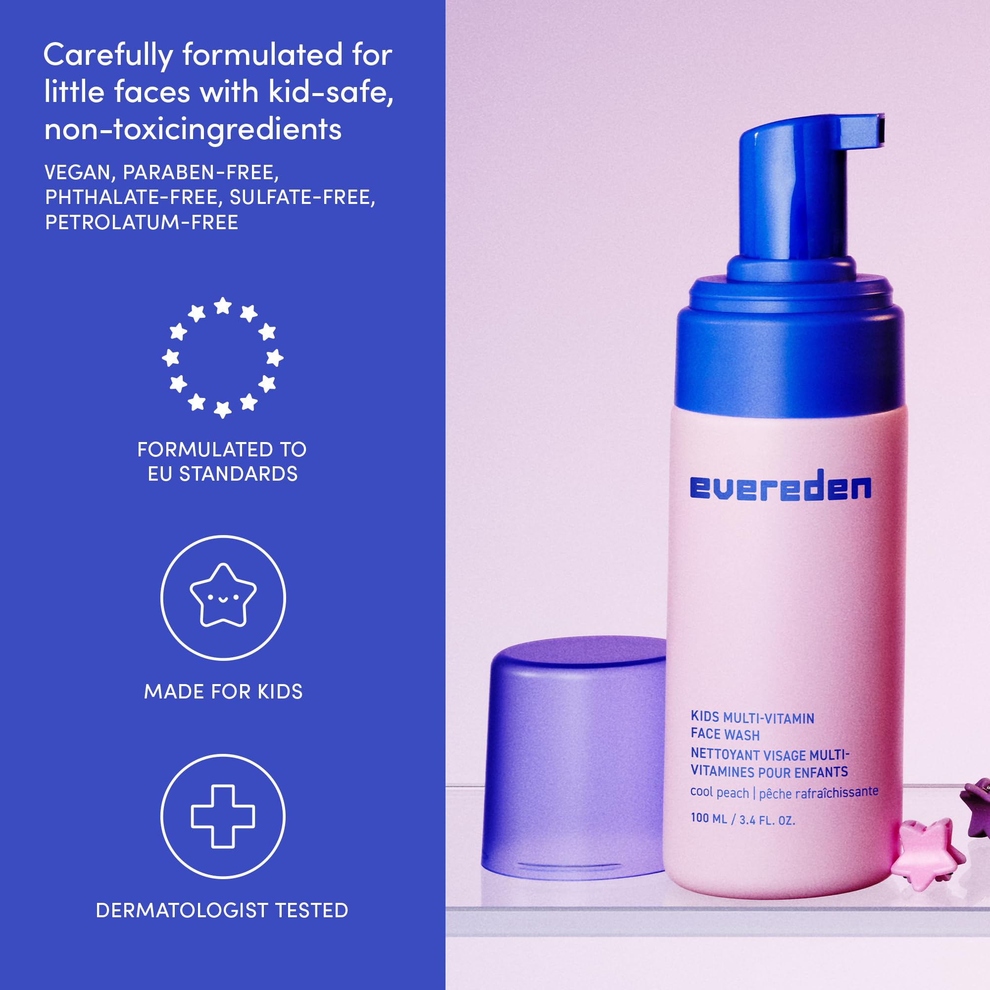 Evereden Face Wash ingredients graphic emphasizes omega blend for hydrated-looking skin.