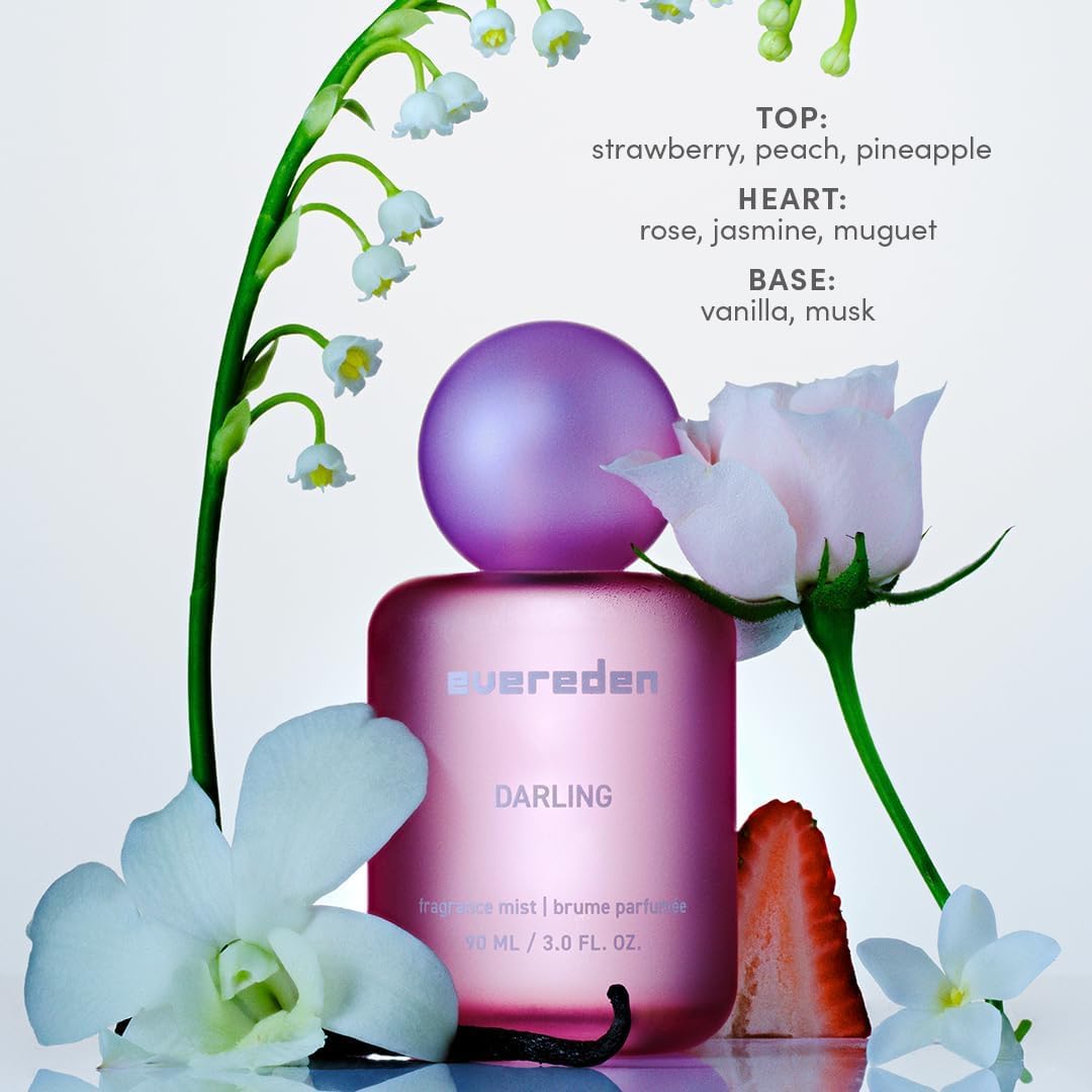 Evereden collectible bottles on a vanity highlight the clean, vegan branding and aesthetic.