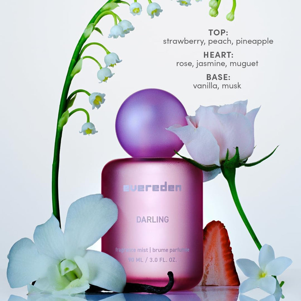 Evereden collectible bottles on a vanity highlight the clean, vegan branding and aesthetic.