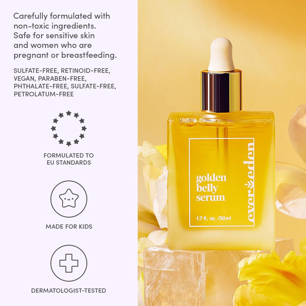 Evereden Golden Belly Serum jar close-up highlights vitamin E-rich nourishment.