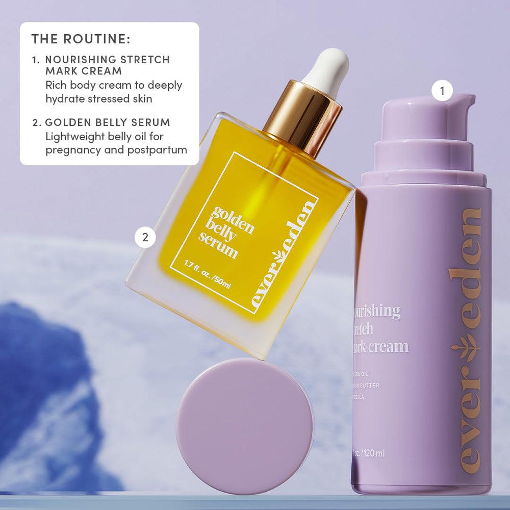 Evereden Golden Belly Serum on a bathroom shelf conveys non-toxic, vegan maternity skincare.