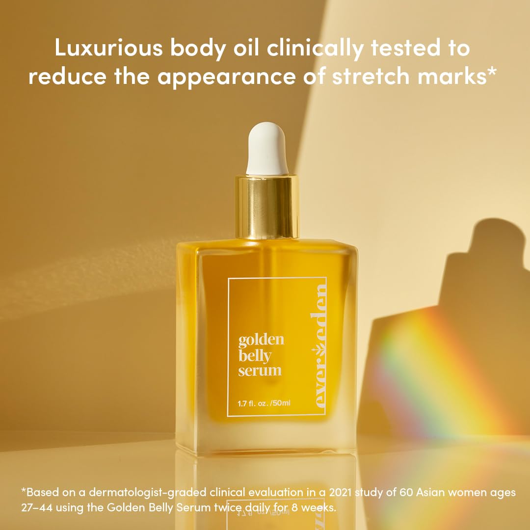 Evereden Golden Belly Serum texture close-up reveals a smooth, fast-absorbing oil.