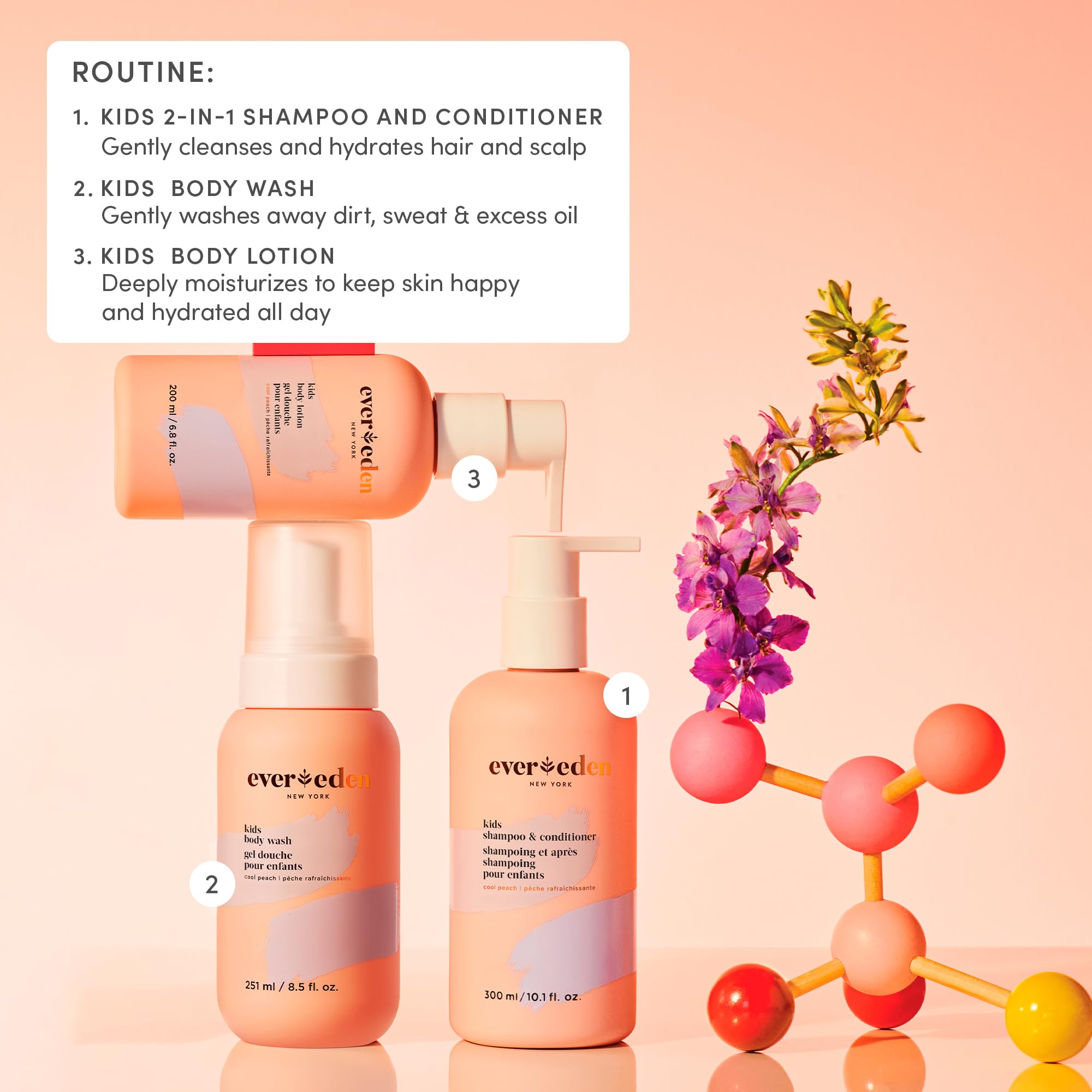 Evereden 2-in-1 Cool Peach ingredients panel; highlights coconut-based cleansing and gentle care.