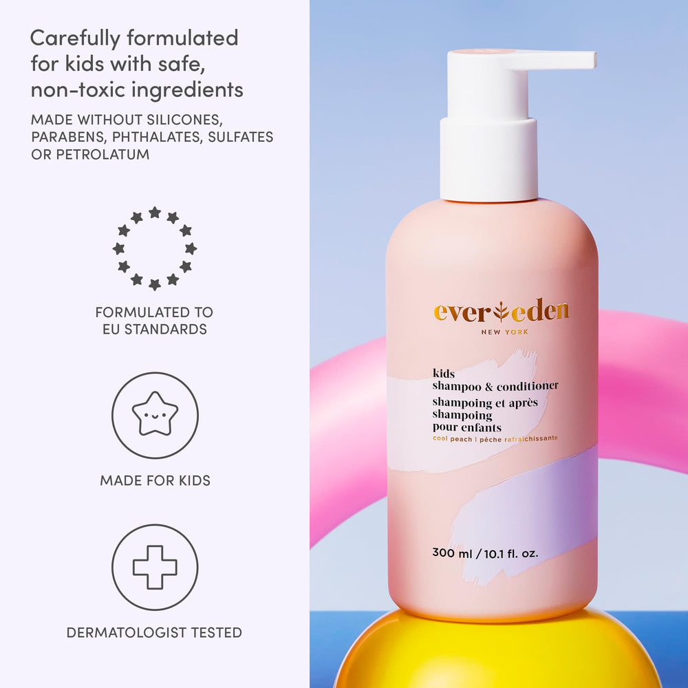 Evereden Kids 2-in-1 Cool Peach wet hair scene; suggests easy detangling and preparation for styling.