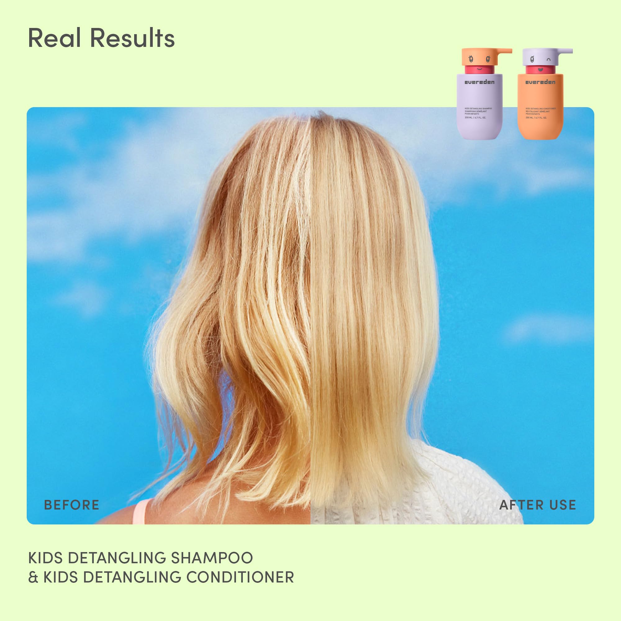 Evereden Kids Conditioner Detangler packaging emphasizes USA-made, dermatologist-tested safety.