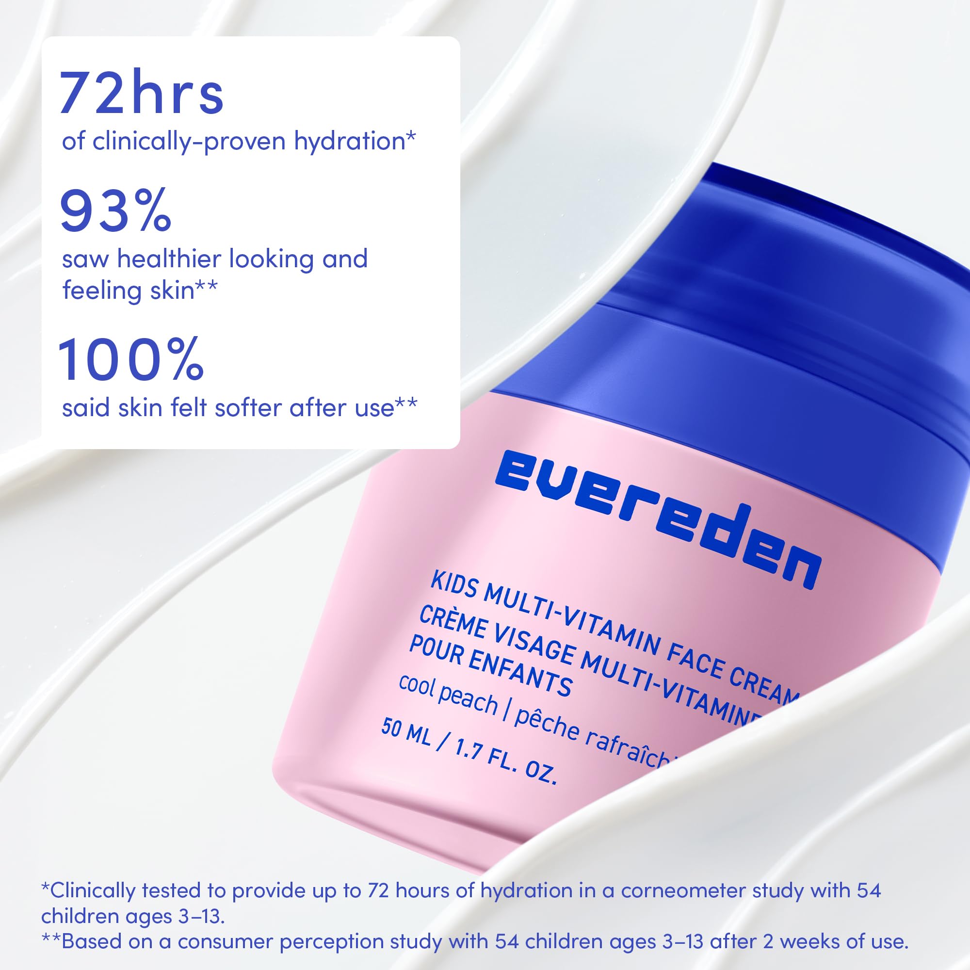 Evereden Kids Face Cream Cool Peach bottle side emphasizes non-clogging, non-greasy hydration.