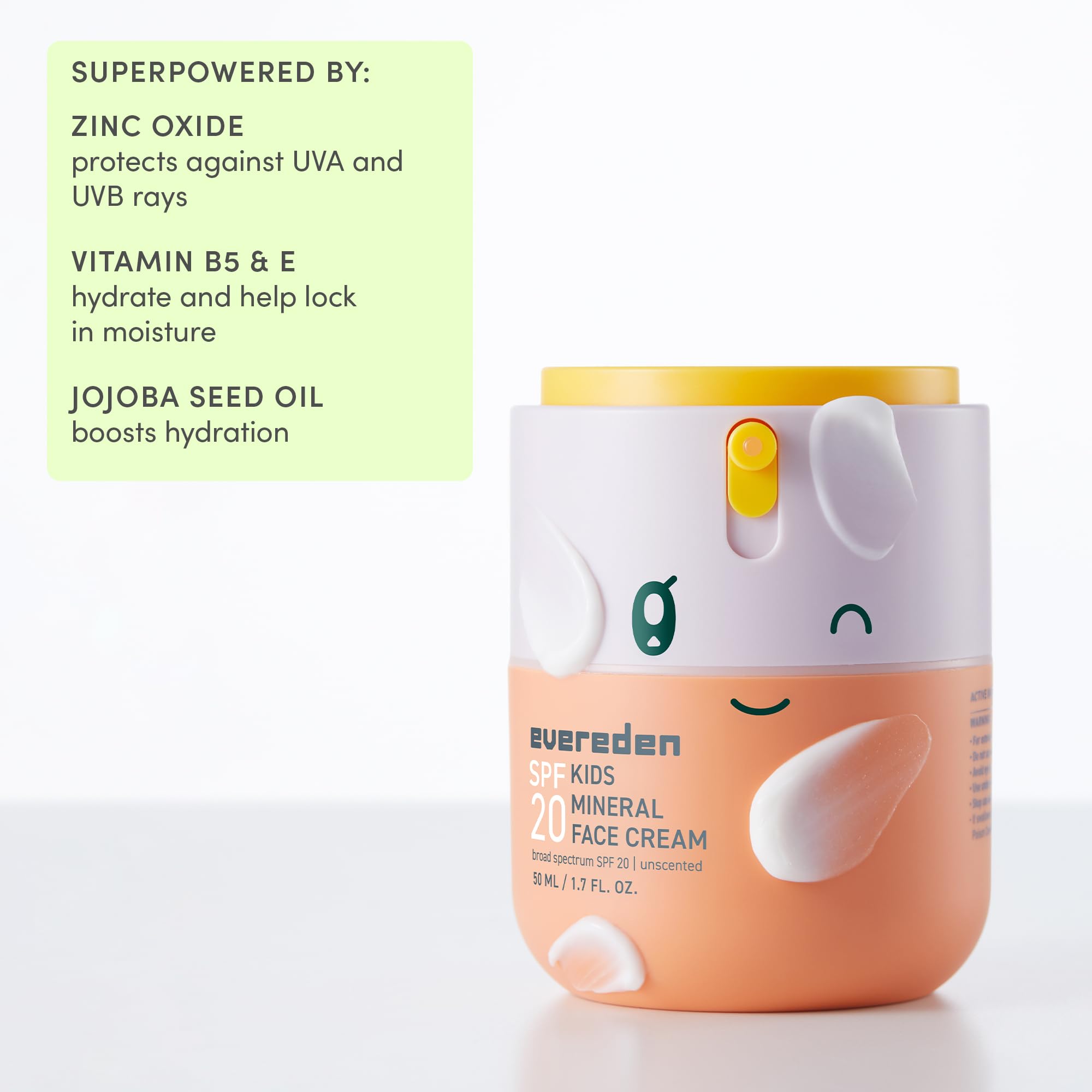 Evereden SPF20 protection infographic emphasizes UVA/UVB coverage.