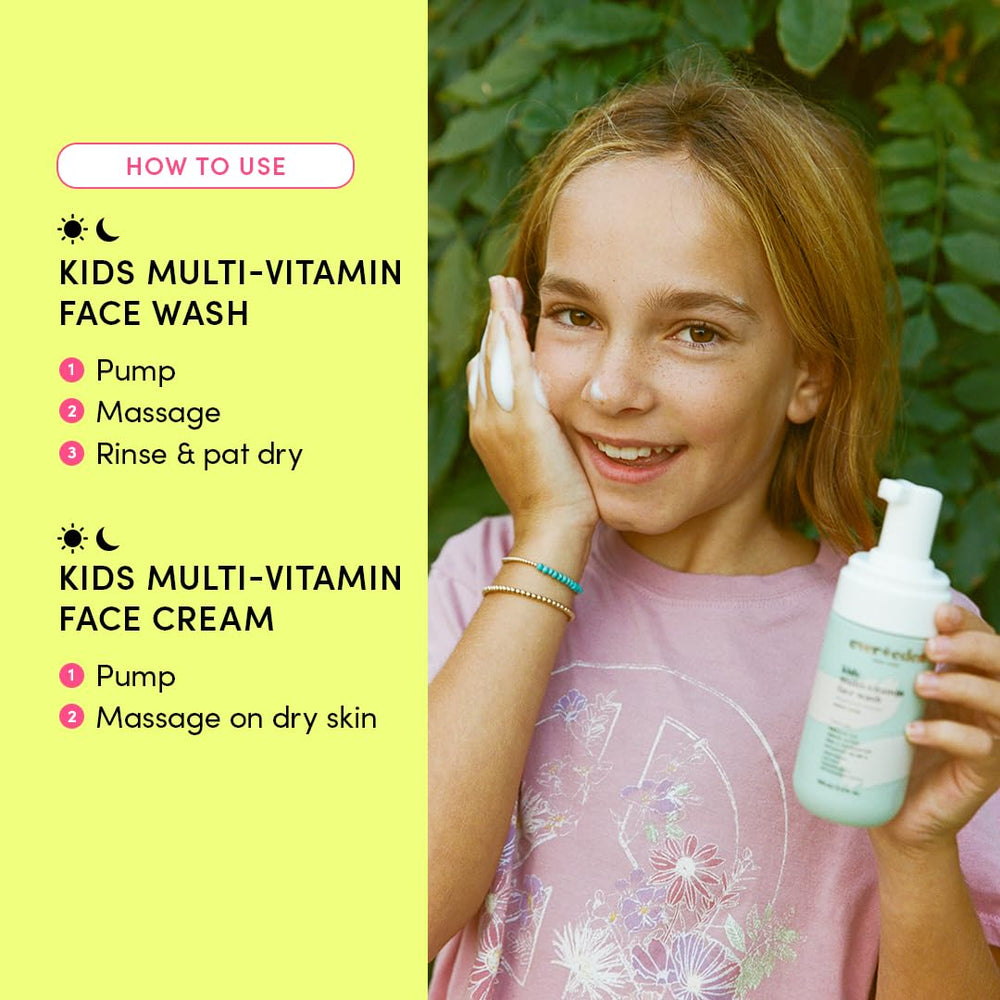 Evereden Kids Happy Face Duo close-up demonstrates gentle cleanse suitable for sensitive skin.