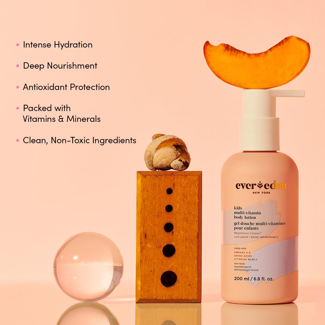 Evereden Kids Multi-Vitamin Body Lotion application on arm shows smooth, non-toxic hydration.