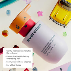 Evereden Kids Shampoo lathers into soft, shiny hair after washing.