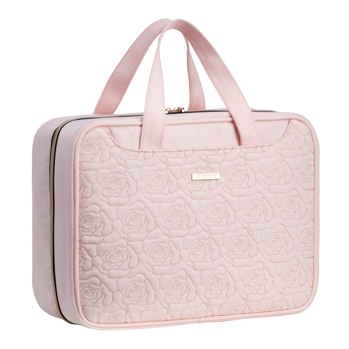 Everfun hanging travel toiletry bag front pocket provides quick makeup access.
