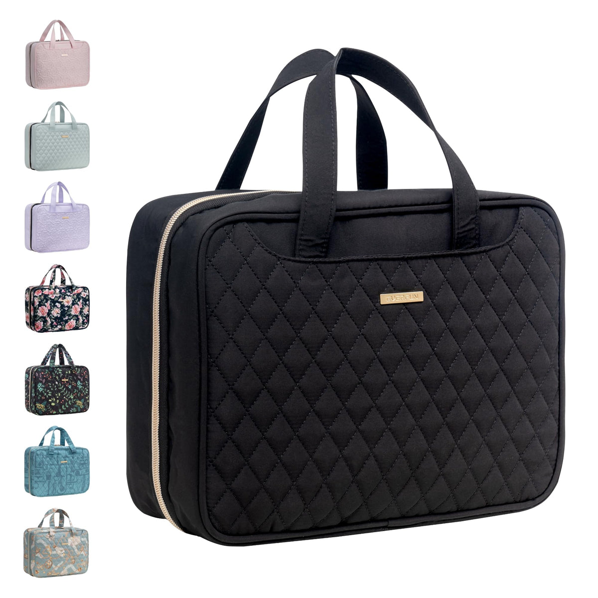 Everfun hanging travel toiletry bag open showing organized compartments for quick access on the go