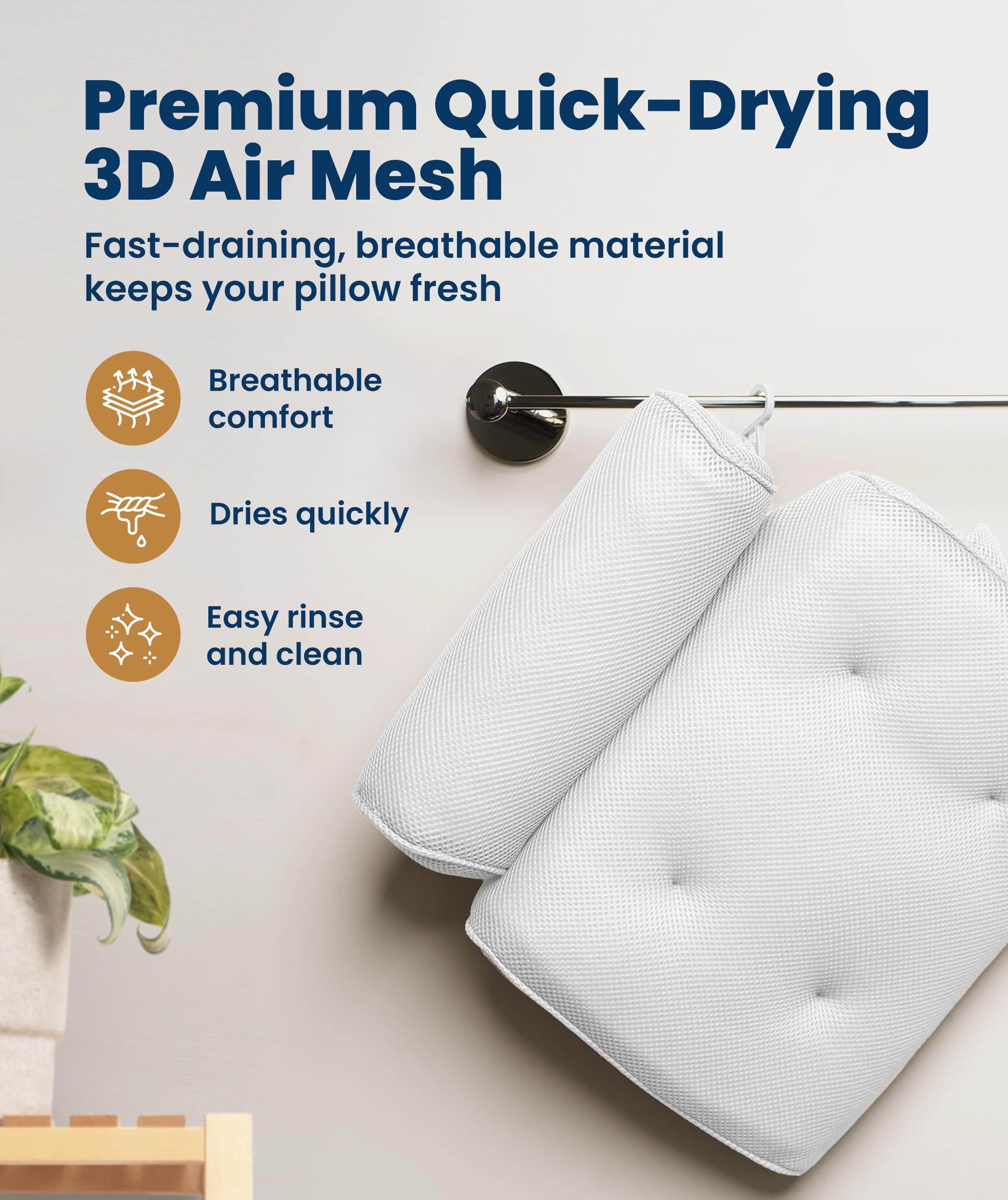 Everlasting Comfort bath pillow features a drying hook for easy air-drying.