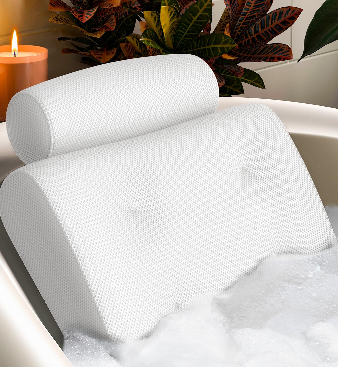 Everlasting Comfort bath pillow head and neck support for spa-like relaxation in tub.