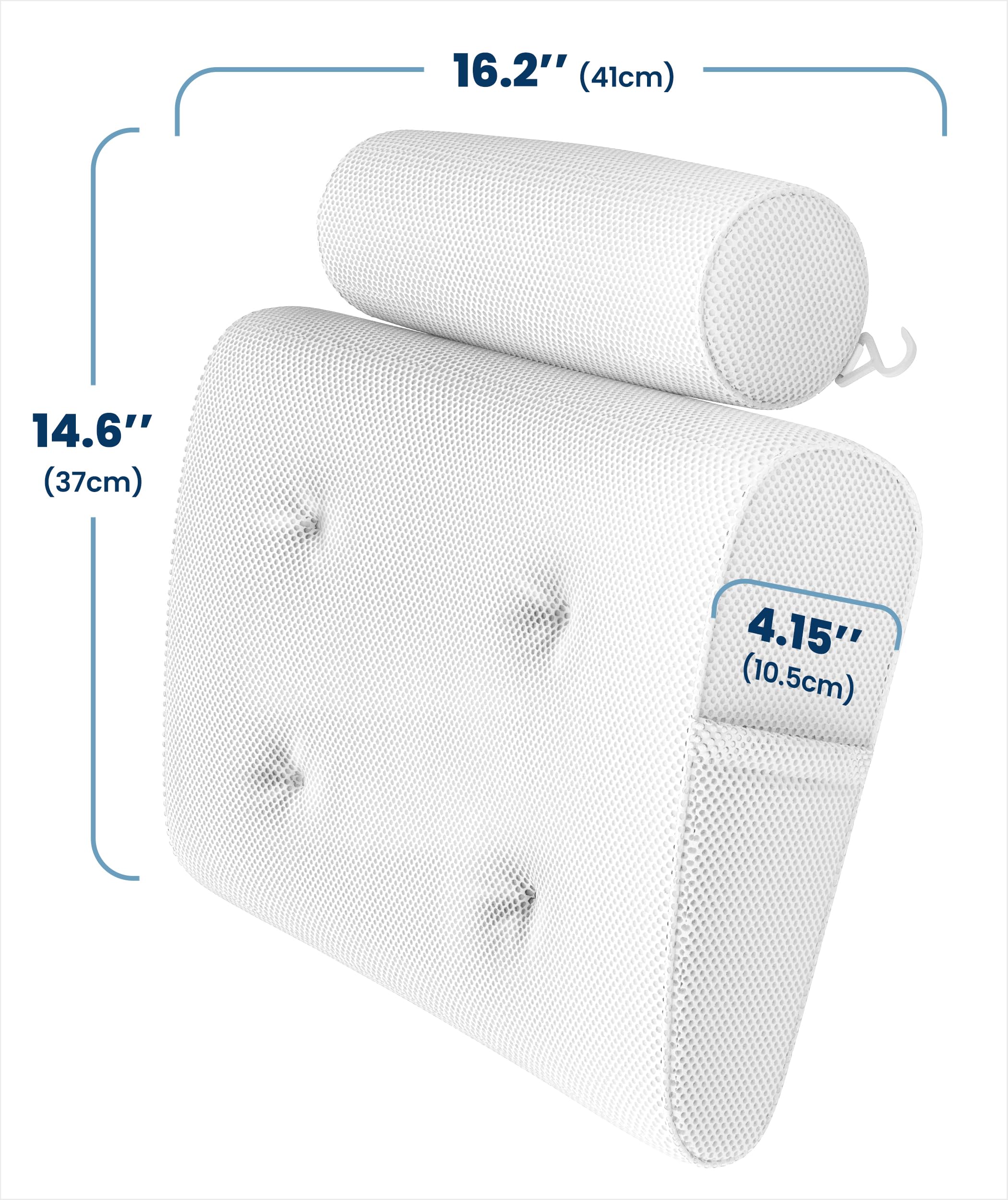 Everlasting Comfort pillow with strong suction cups grips tub walls for secure soaking.