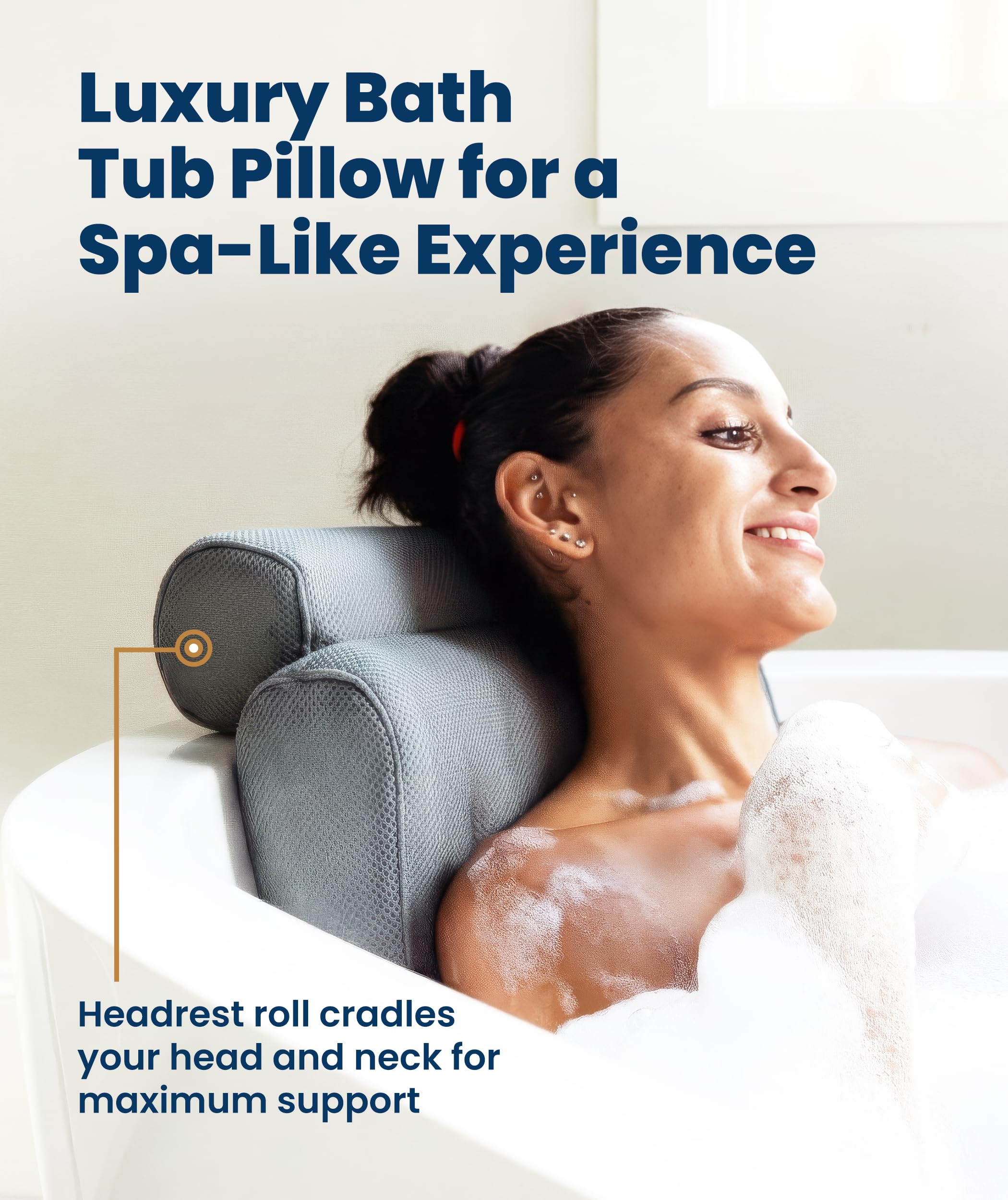 Everlasting Comfort bath pillow features quick-drying mesh for hygiene.