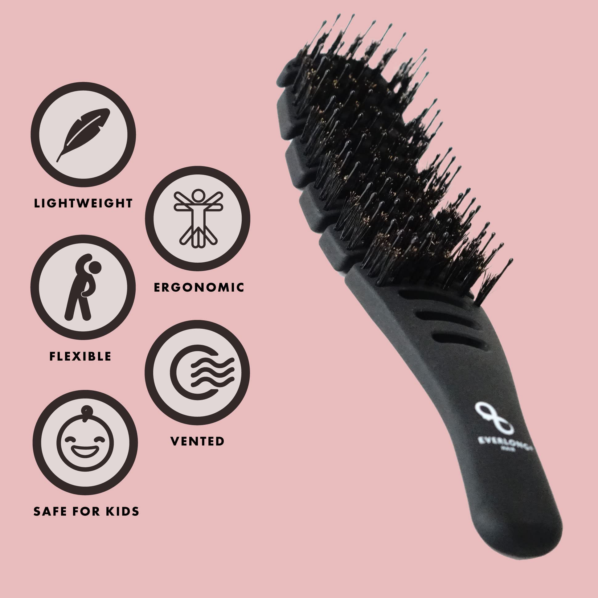 Everlong flex brush bristles close-up showing nylon detangling bristles and boar shine