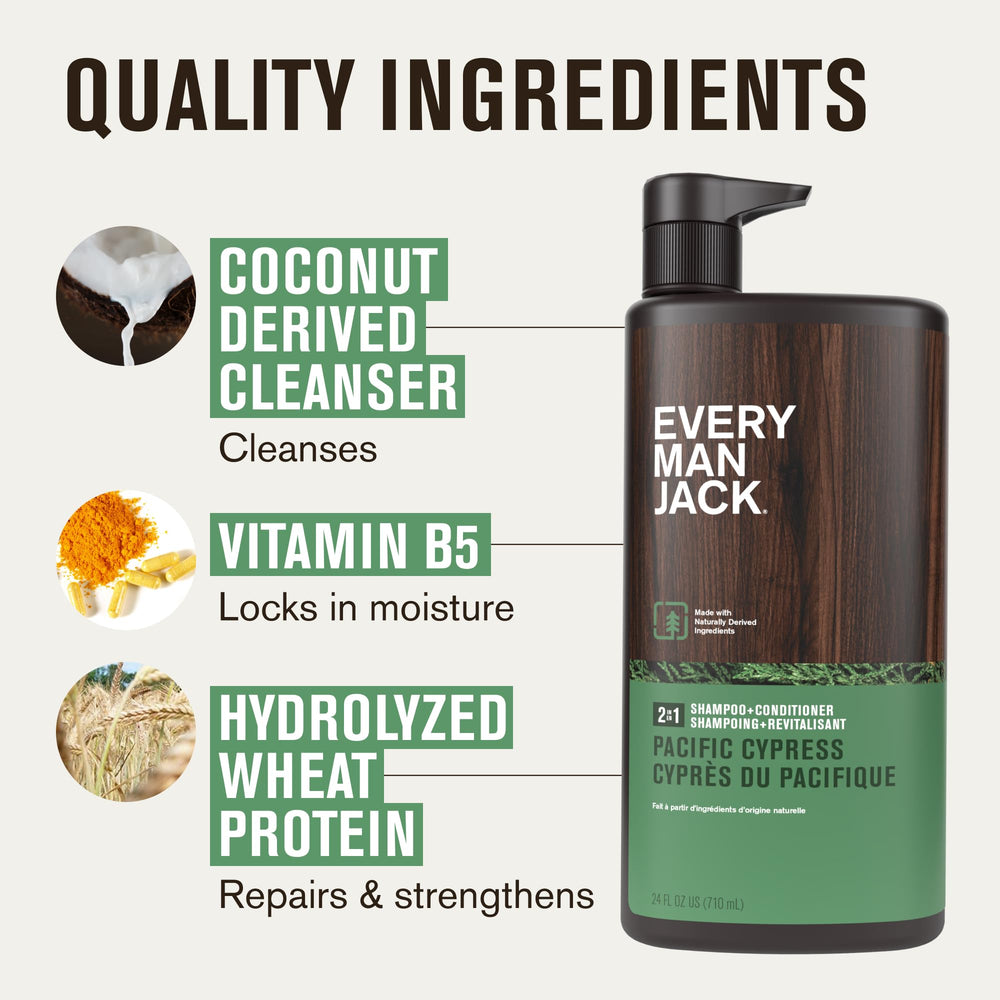 Every Man Jack 2-in-1 bottle shows combined shampoo and conditioner.