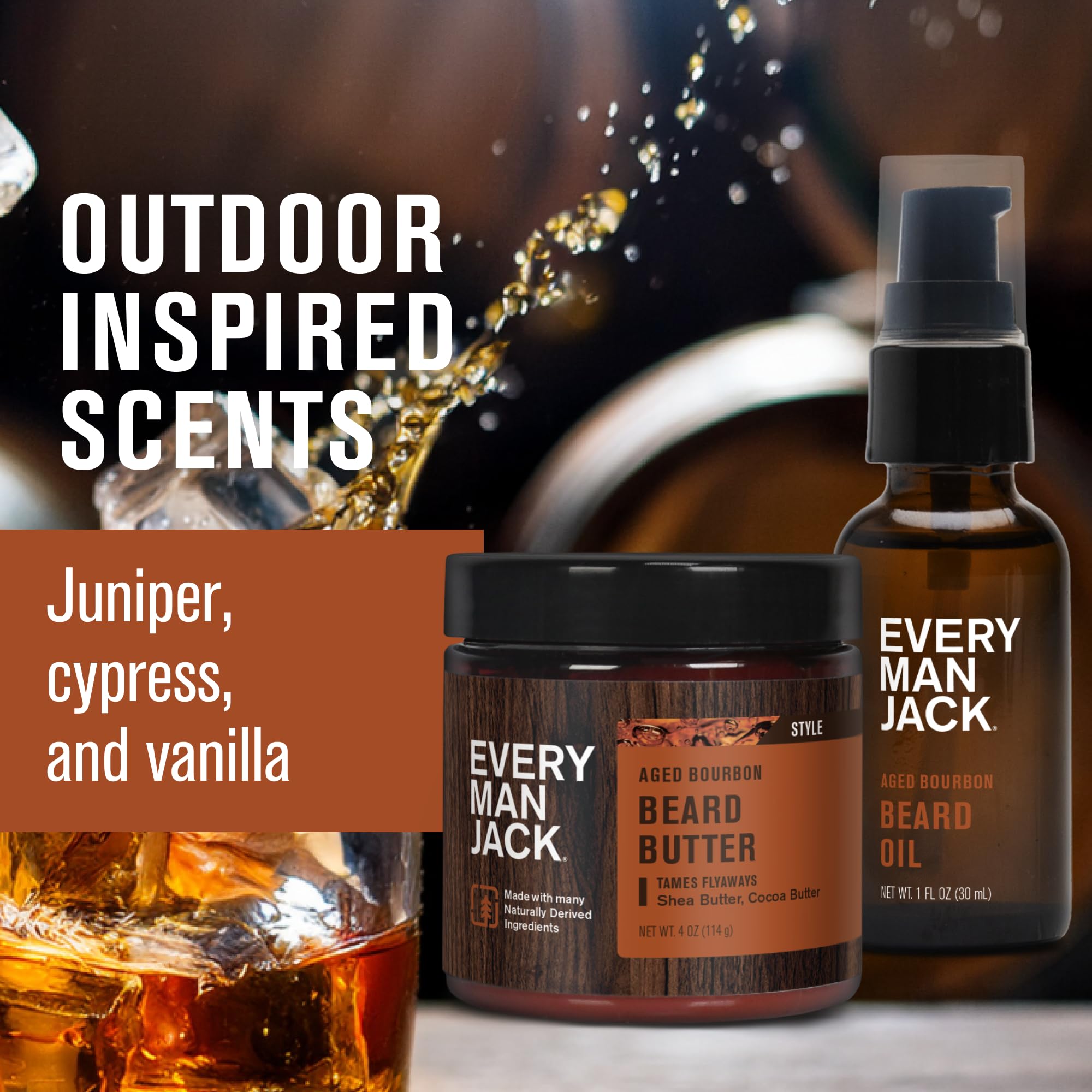 Every Man Jack aged bourbon fragrance packaging conveys refined grooming scent