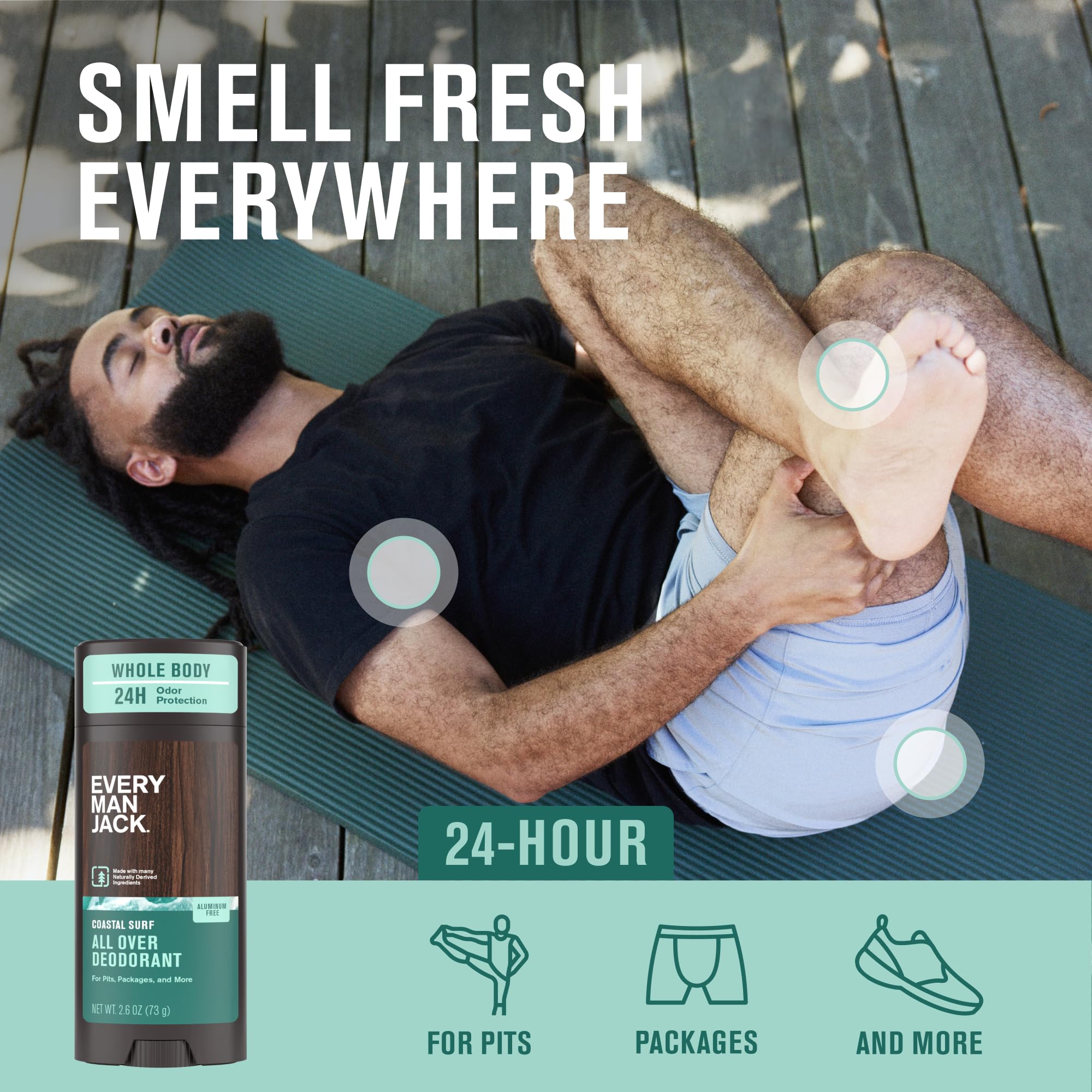 Every Man Jack all-over-deodorant coastal-surf application demonstrates versatile use on body