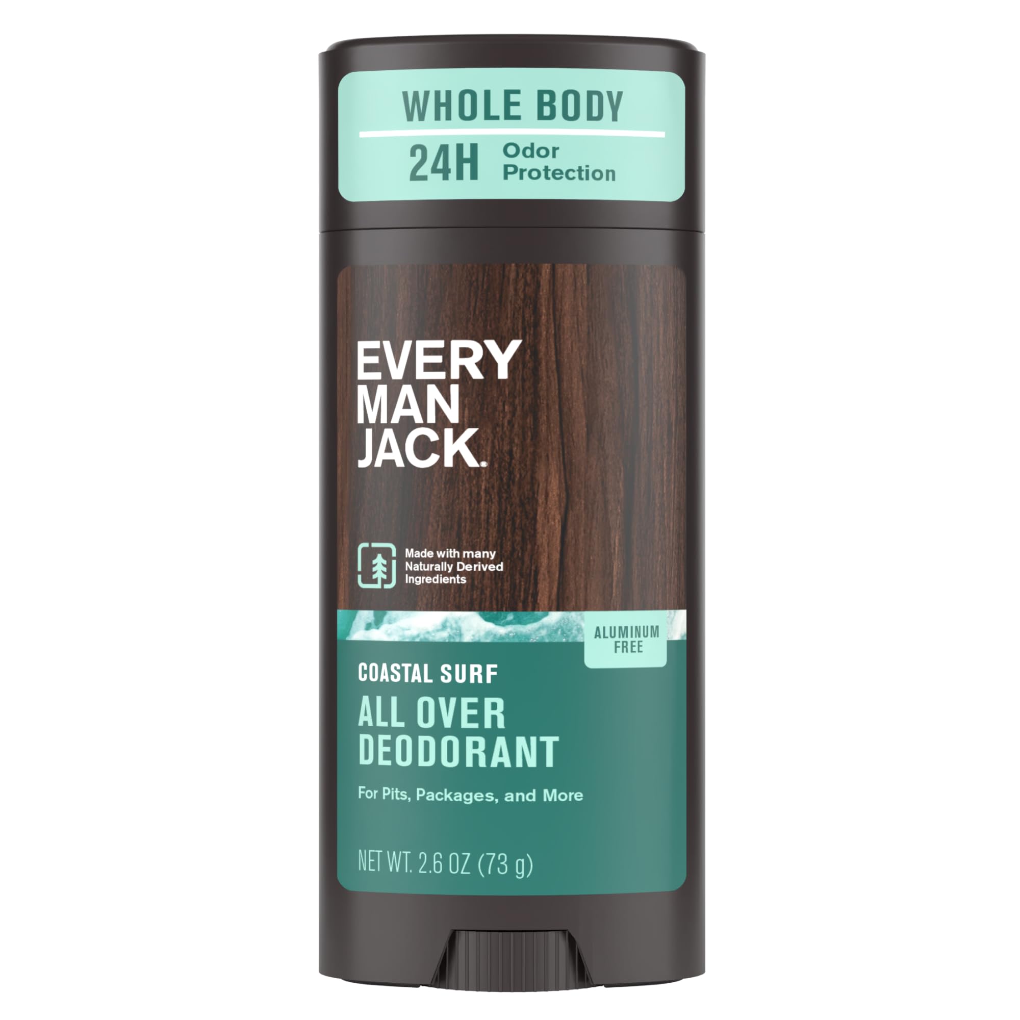 Every Man Jack all-over deodorant coastal-surf bottle shows aluminum-free odor protection for all-day freshness