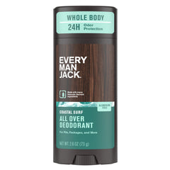Every Man Jack all-over deodorant coastal-surf bottle shows aluminum-free odor protection for all-day freshness