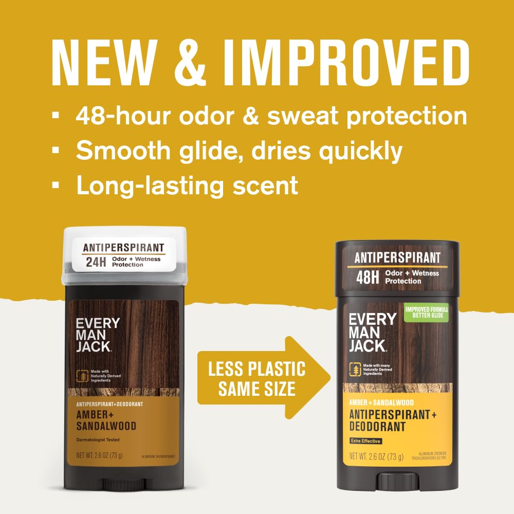 Every Man Jack Amber Sandalwood antiperspirant stick close-up highlighting quick-dry formula.