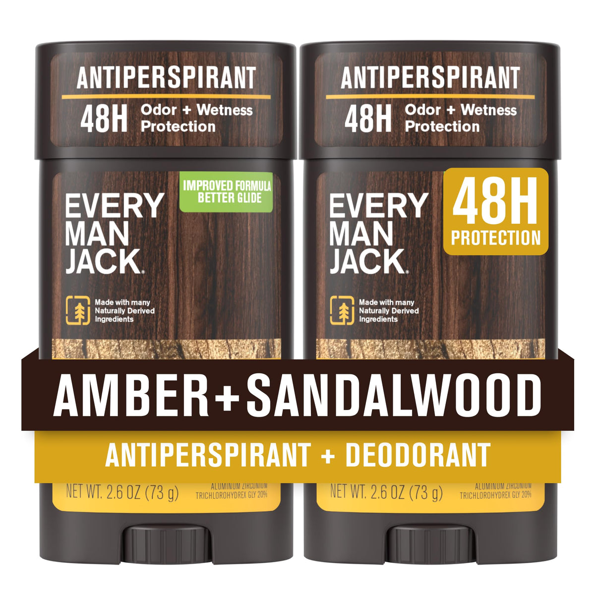 Every Man Jack Amber Sandalwood antiperspirant stick front with smooth glide and long-lasting freshness.