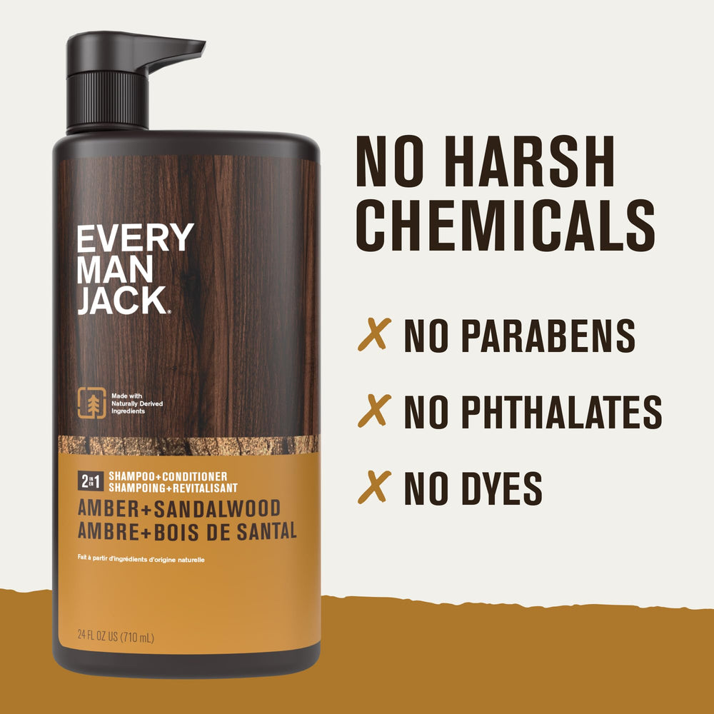 Every Man Jack amber sandalwood on bathroom counter with 24oz bottle