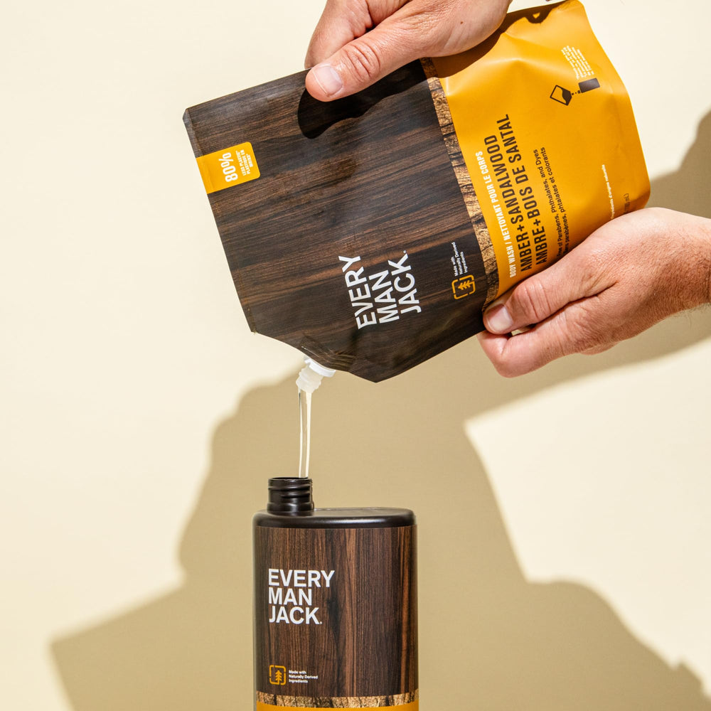 Every Man Jack Amber Sandalwood bottle front with masculine scent for daily cleansing.