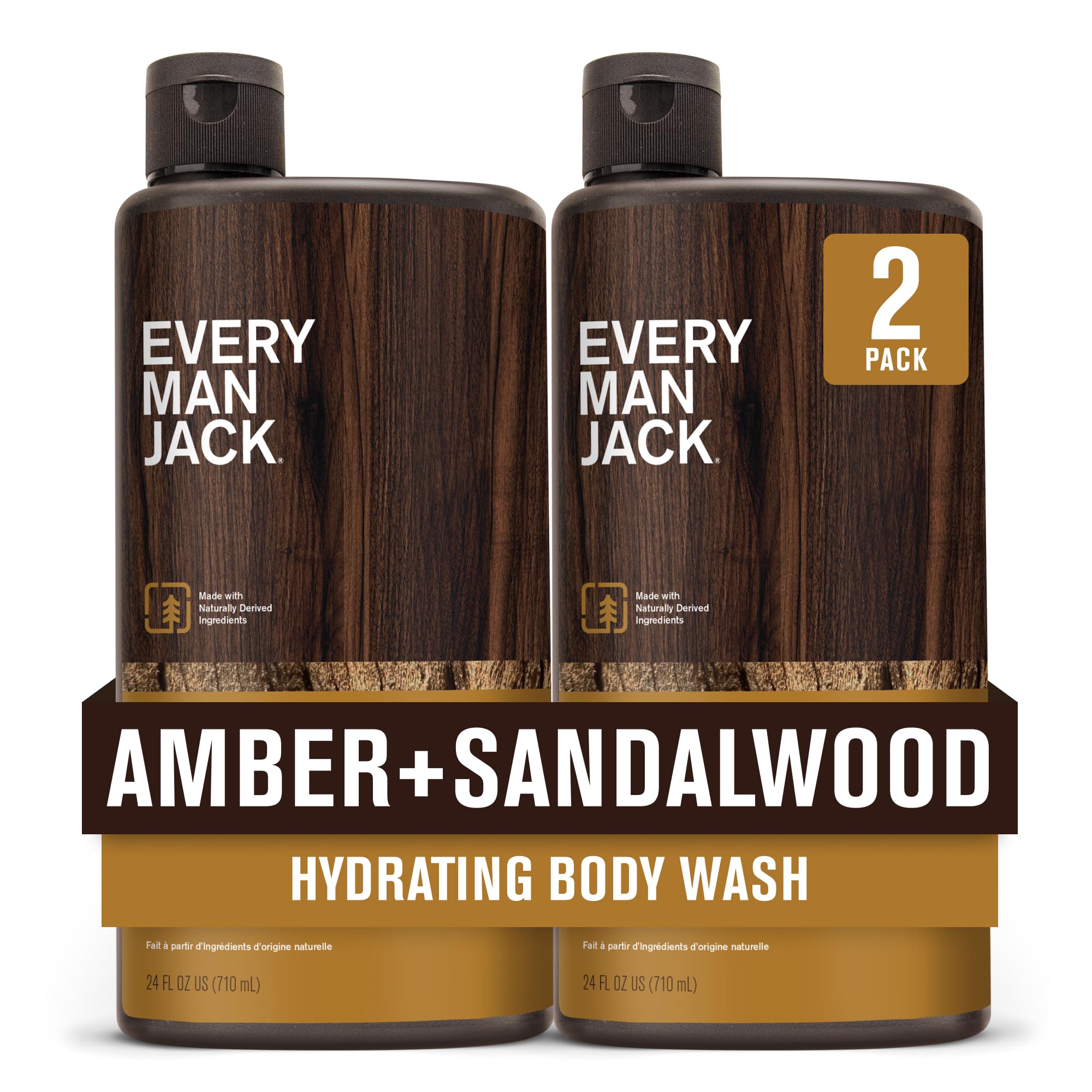 Every Man Jack Amber+Sandalwood Hydrating Body Wash bottle on shower shelf for refreshing cleanse.
