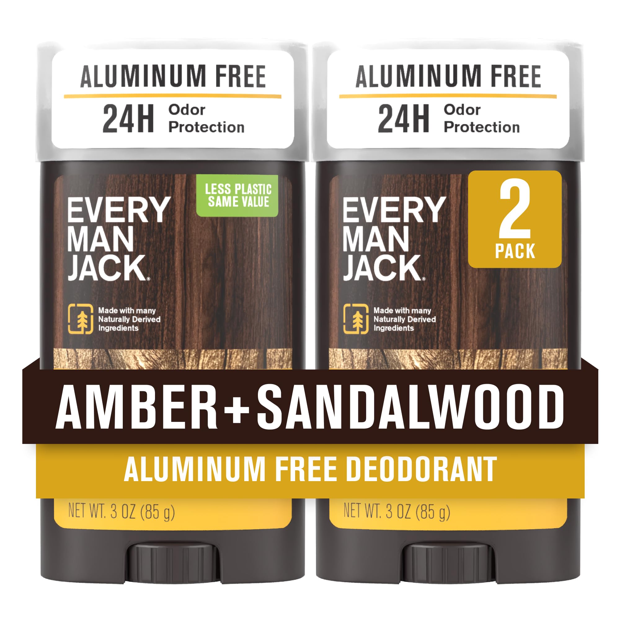 Every Man Jack Amber + Sandalwood 2-pack front packaging shows aluminum-free protection.