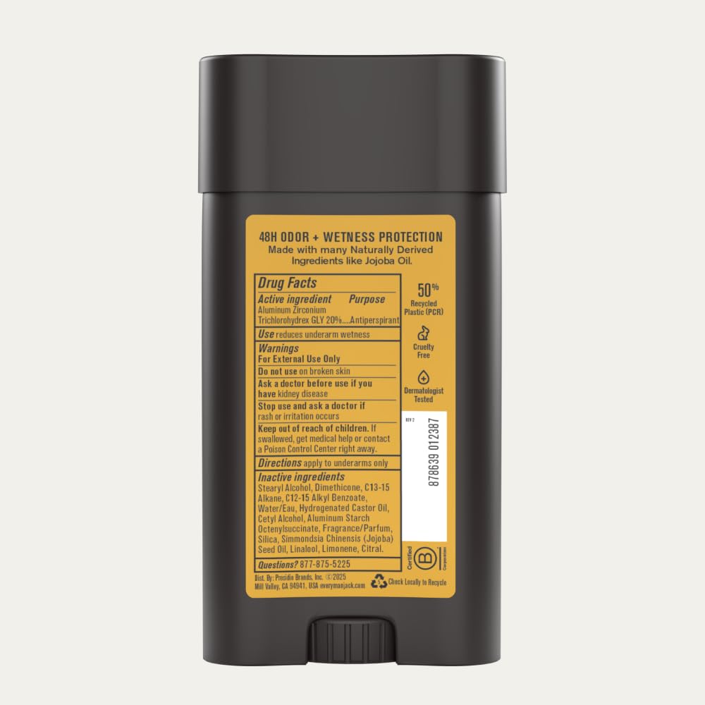 Every Man Jack Amber Sandalwood dermatologist-tested label signals skin-safe design.