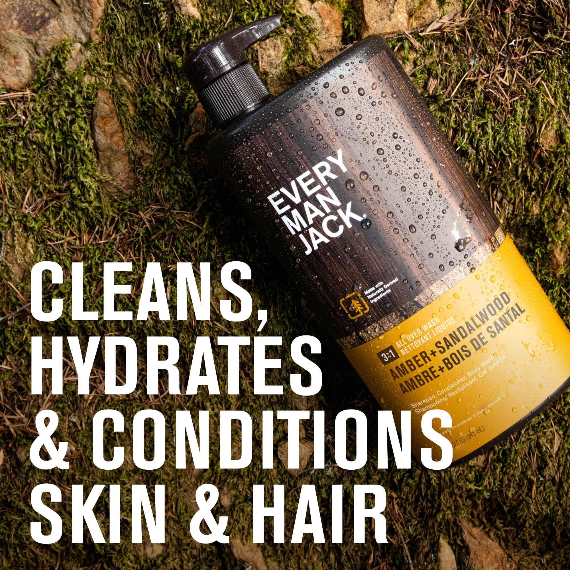 Every Man Jack Amber and Sandalwood label closeup highlighting natural ingredients and scent.