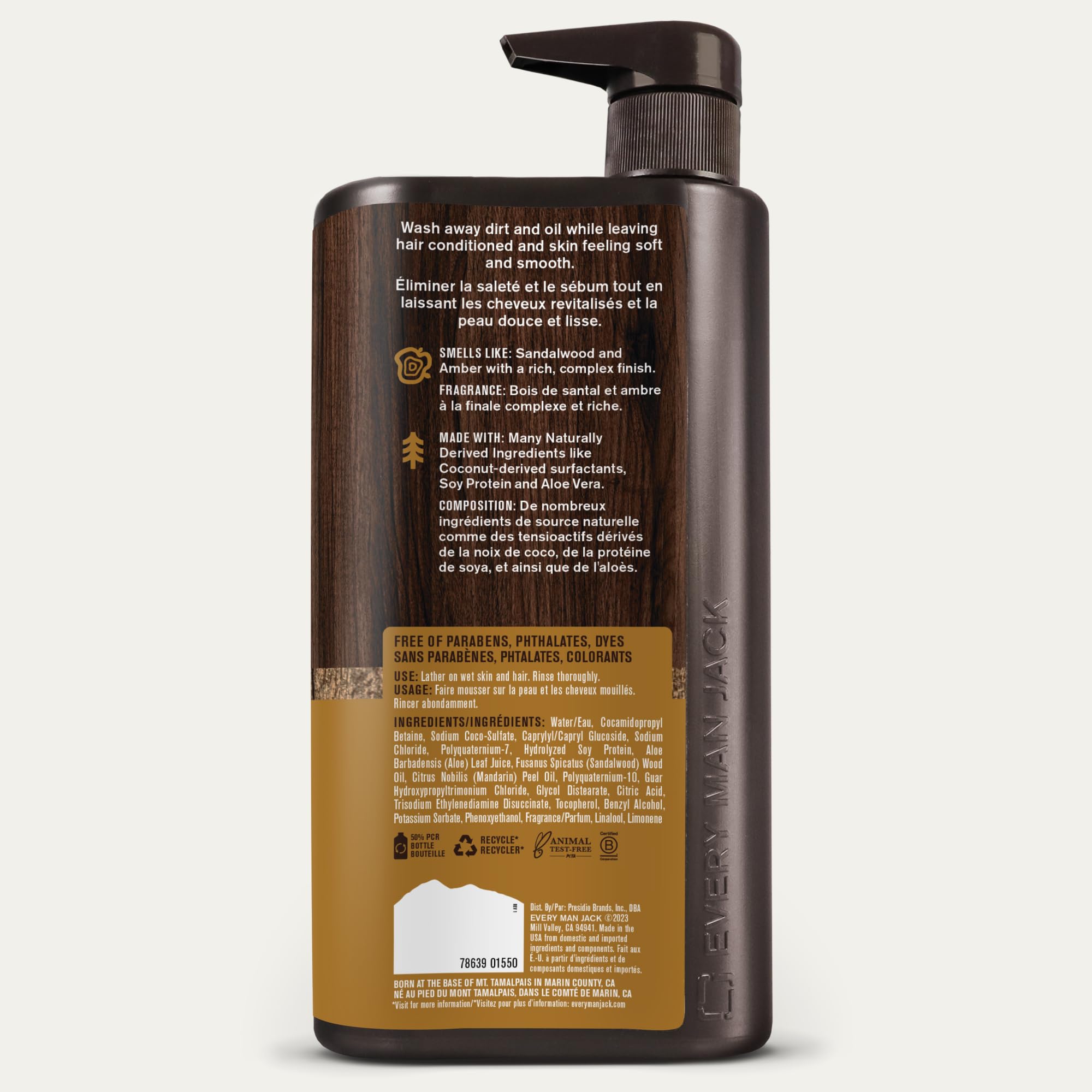 Every Man Jack Amber and Sandalwood Mt. Tam origin branding signals trusted US-made quality.