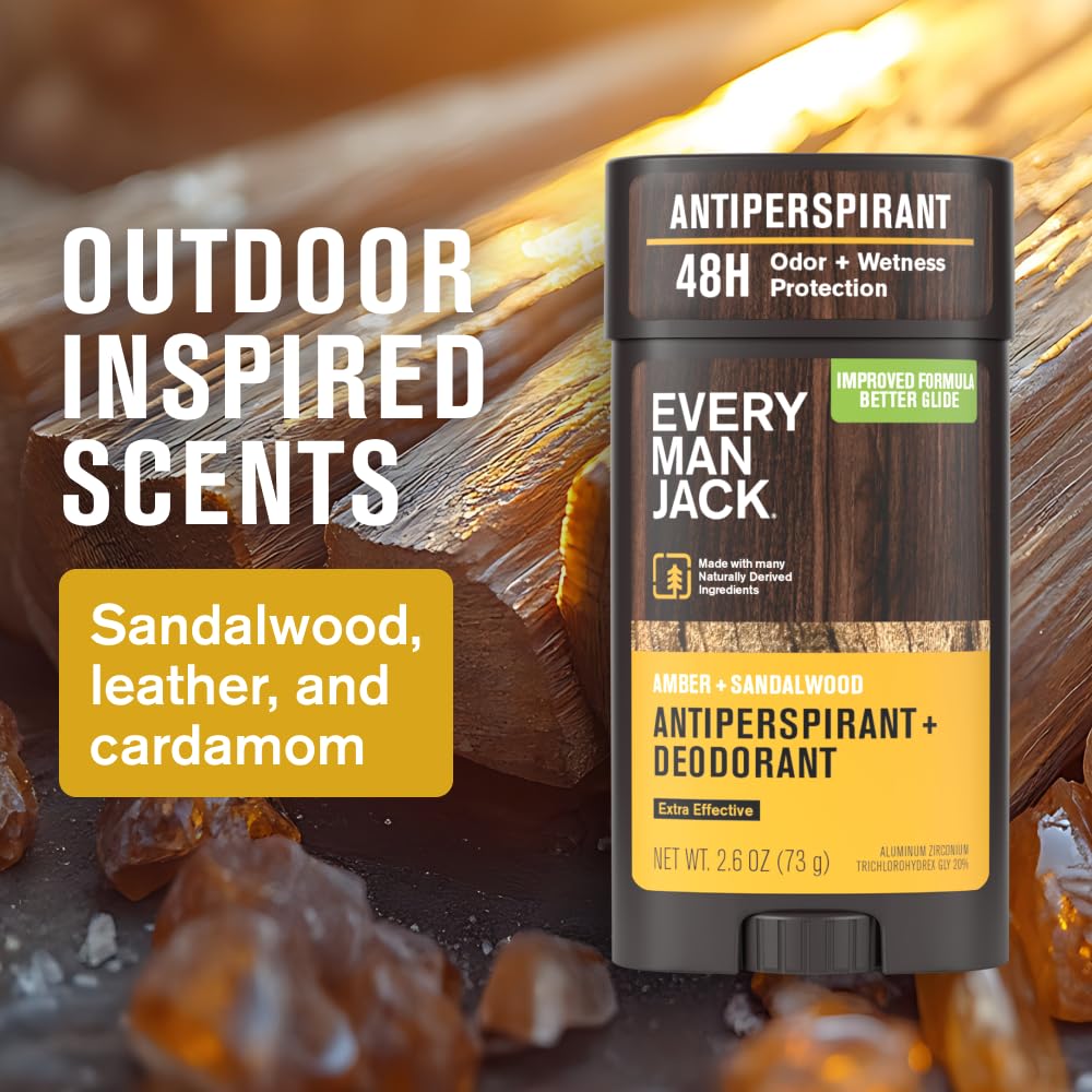 Every Man Jack Amber Sandalwood scent evokes earthy sandalwood for daytime appeal.
