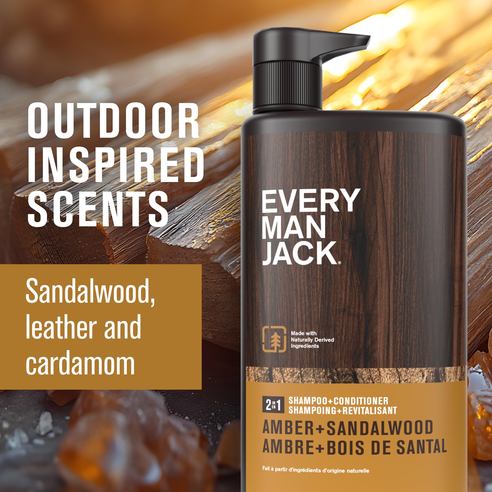 Every Man Jack amber sandalwood shampoo-conditioner label close-up shows natural ingredients
