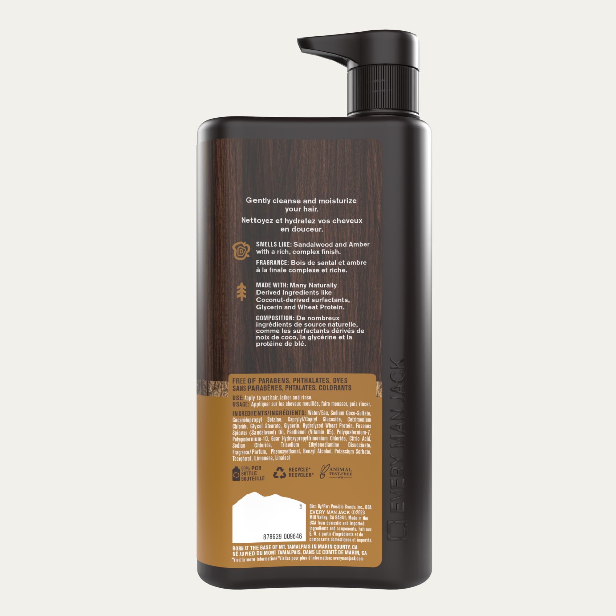 Every Man Jack amber sandalwood label with ingredients and US-made claim