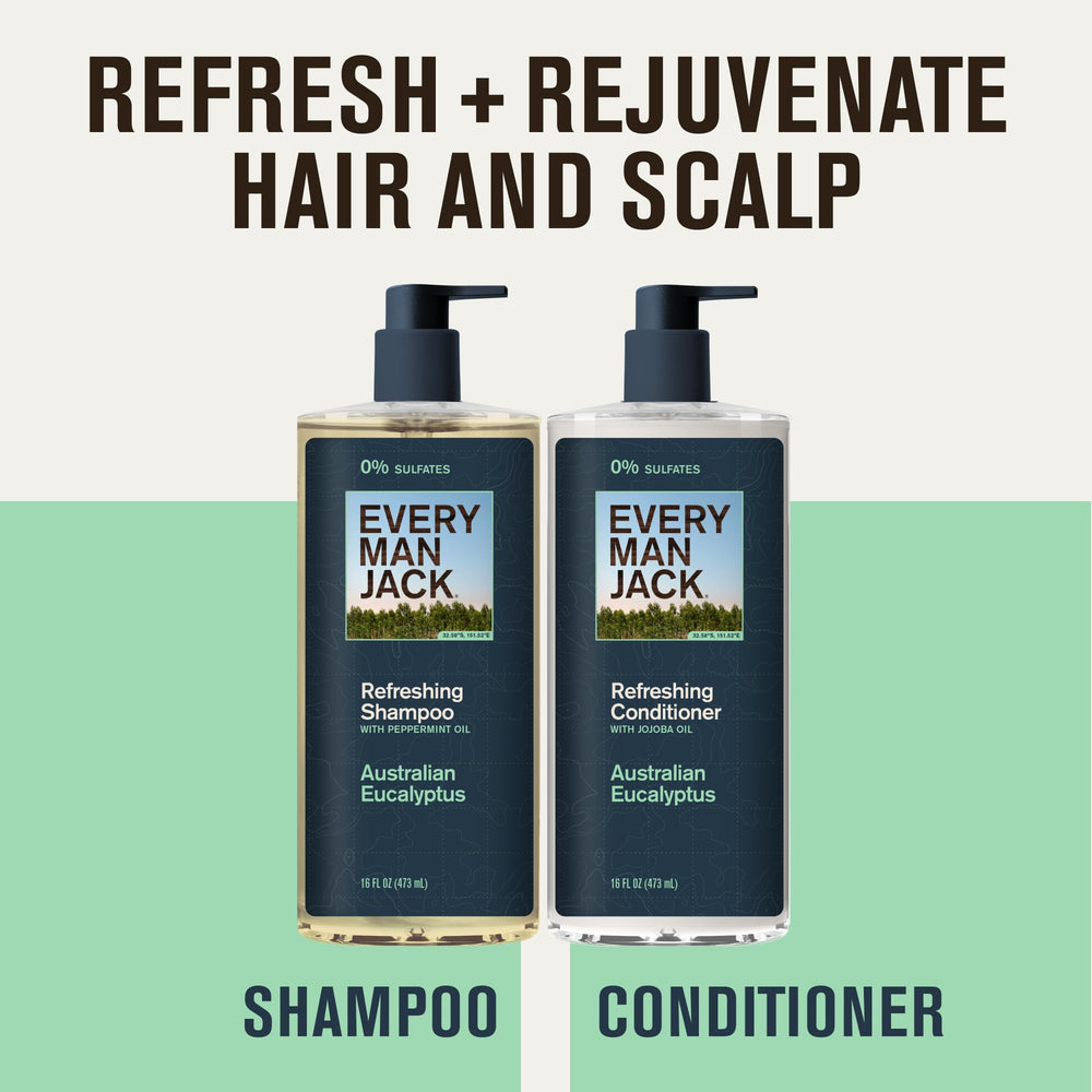 Every Man Jack Australian eucalyptus conditioner bottle provides deep hydration for smooth hair
