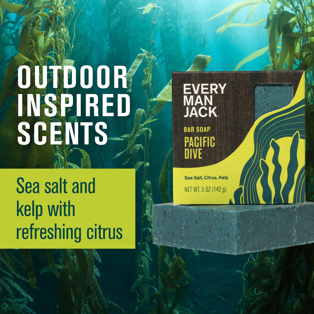 Every Man Jack Pacific Dive scent shot evokes ocean freshness for daily grooming ritual.