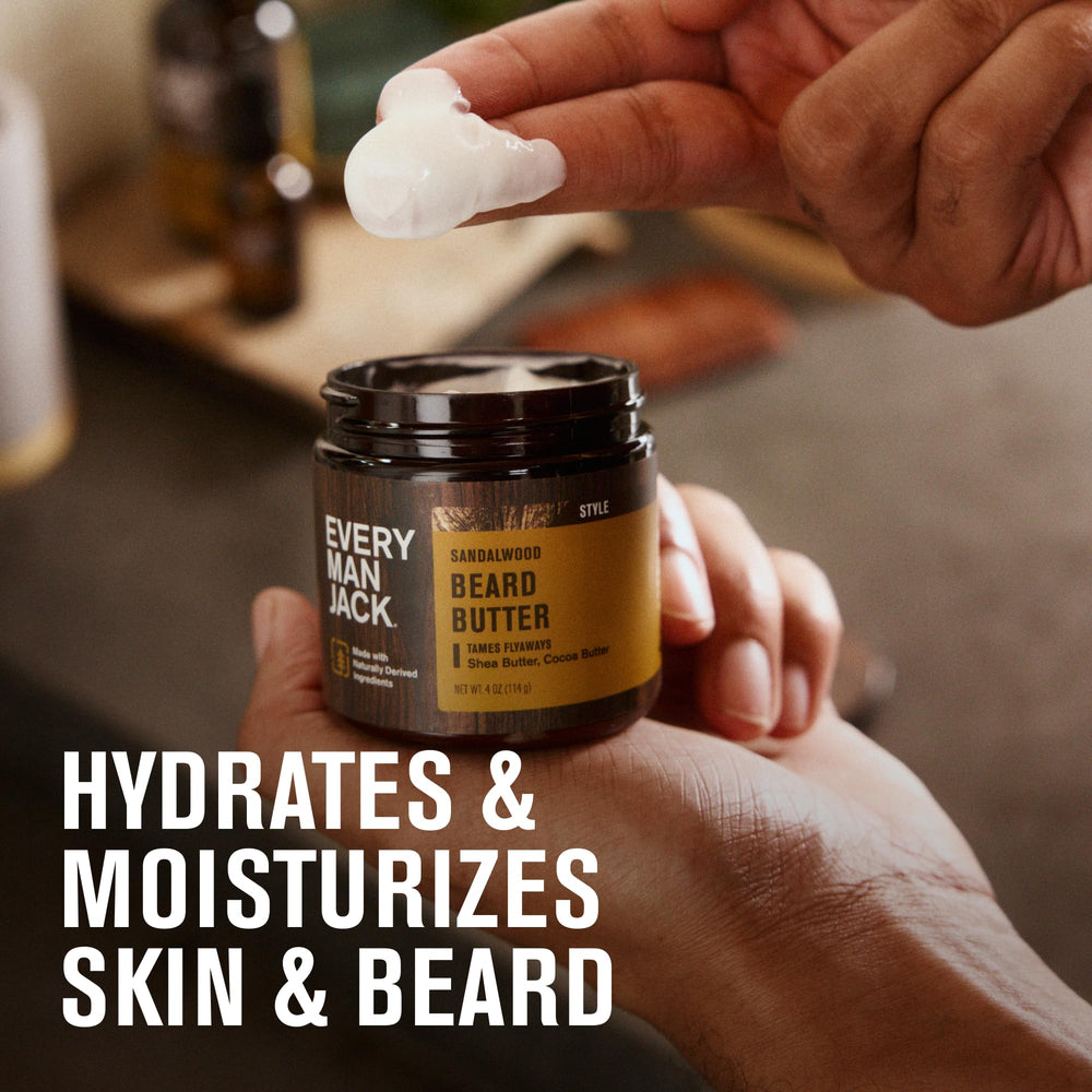 Every Man Jack beard butter dry beard application demonstrates smoothing texture for frizz-prone beards.